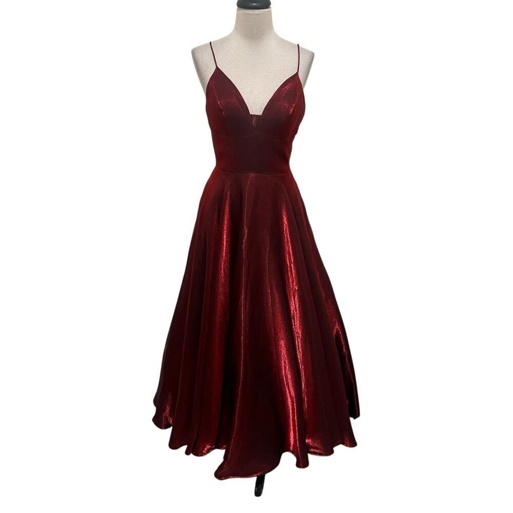 Sherri Hill Women's V-neck Spaghetti Strap Maxi Gown Wine Size 0
